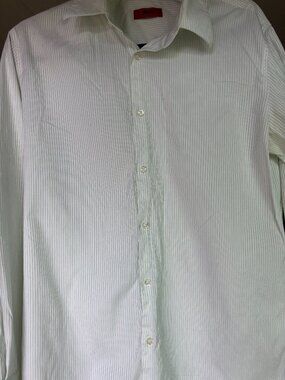 HUGO Hugo Boss Dress Shirt Men 15.5 32/33 Slim Fit White Green Stripe Designer